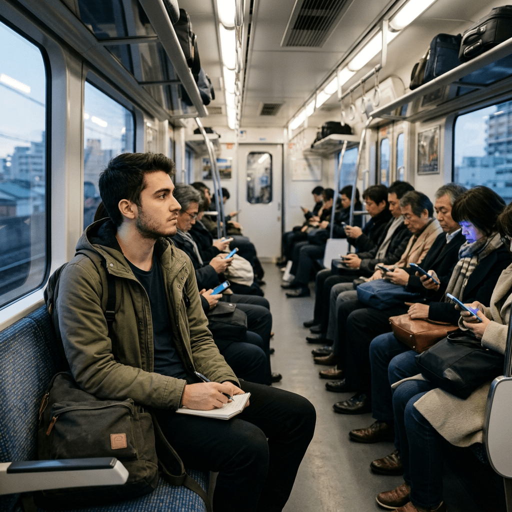 Young man writing in notebook on train surrounded by passengers using phones