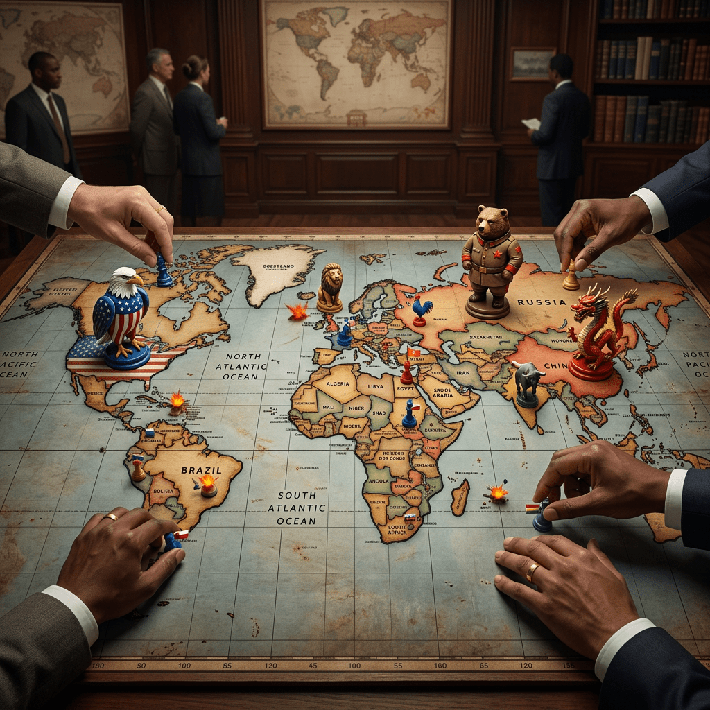 Hands moving symbolic game pieces representing countries on a world map with figures like an eagle, bear, dragon, and lion