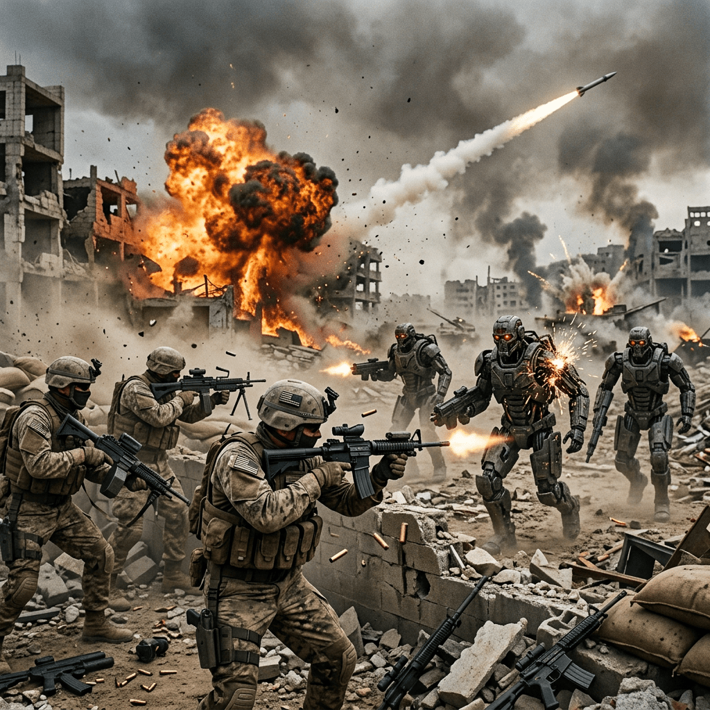 Soldiers firing rifles at attacking robots amidst explosions and ruined buildings