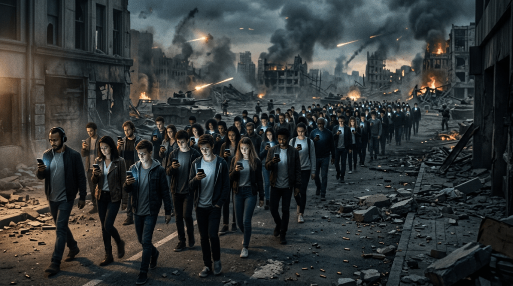 Crowd staring at phones walking into warzone