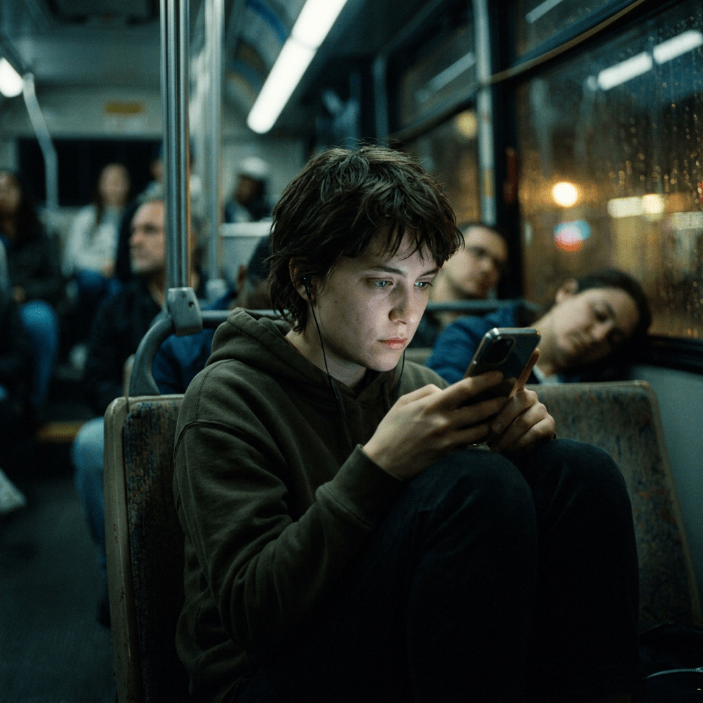 Passenger wearing earphones looks at a phone on a nighttime bus