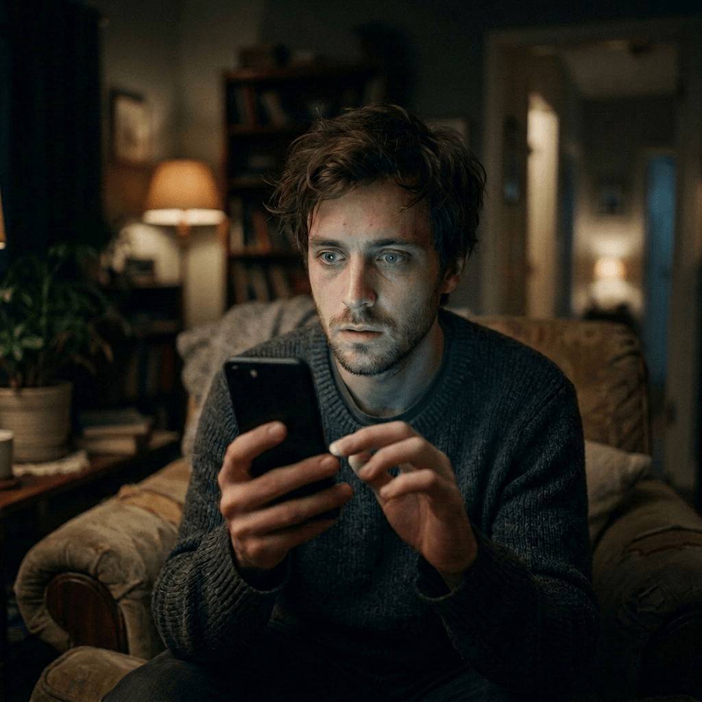 Man holding smartphone beside an AETHER CHAT interface reading "Analysing patterns... Processing request... Response generated."
