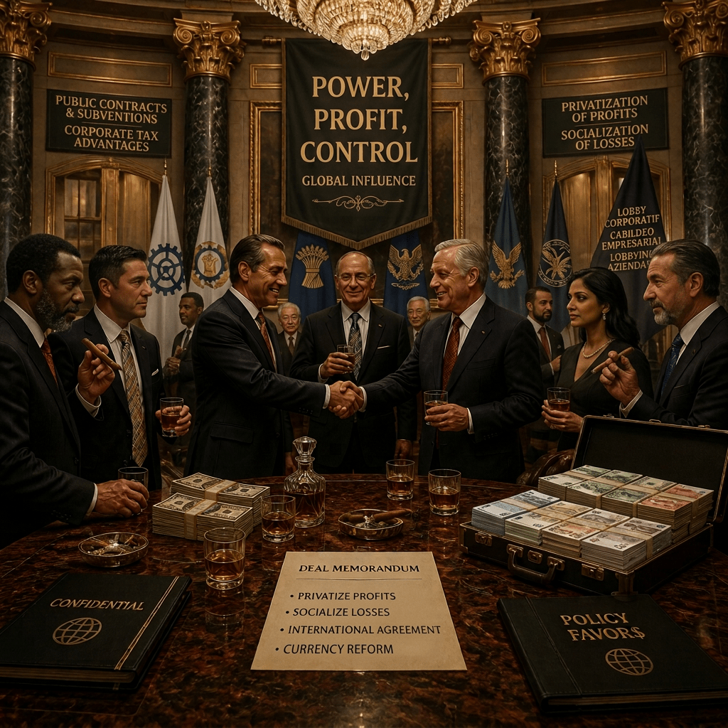 Officials shake hands beside cash, with signs reading POWER PROFIT CONTROL, GOVERNMENT CONTRACTS, TAX LOOPHOLES & BAILOUTS, CORPORATE LOBBY, and documents reading DEAL MEMORANDUM, PRIVATIZE PROFITS, SOCIALIZE LOSSES, CONFIDENTIAL, POLICY FAVORS.