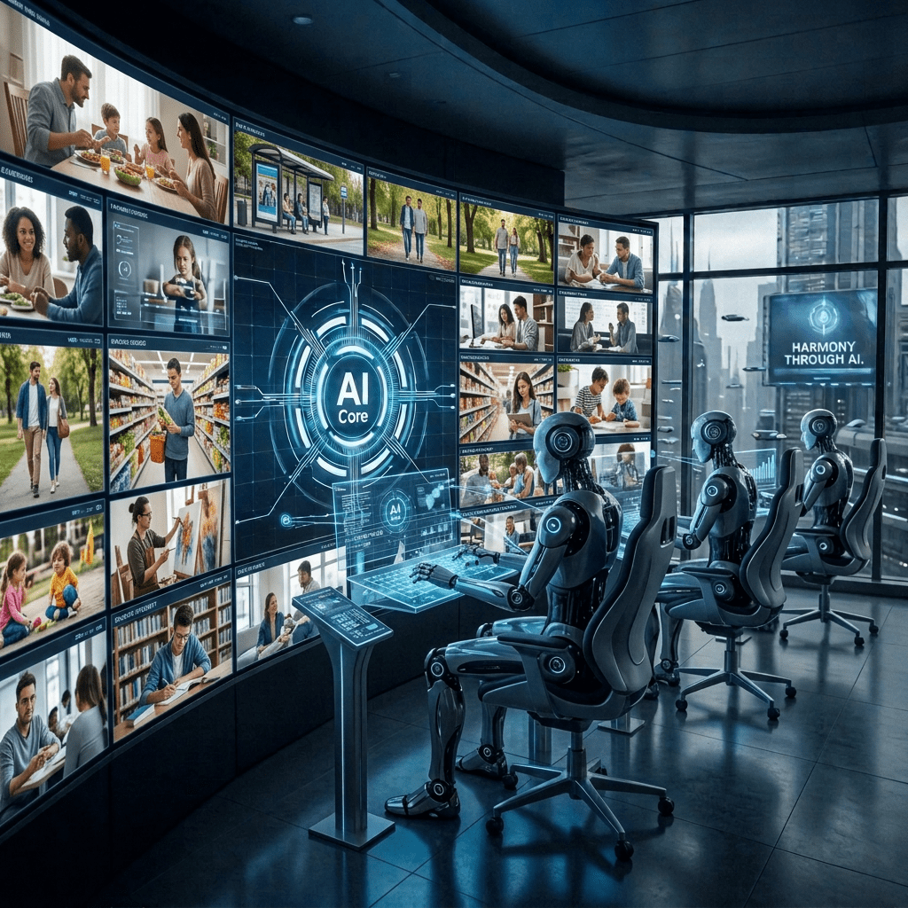 Analysts monitor screens labeled “AI Core” in a futuristic control room
