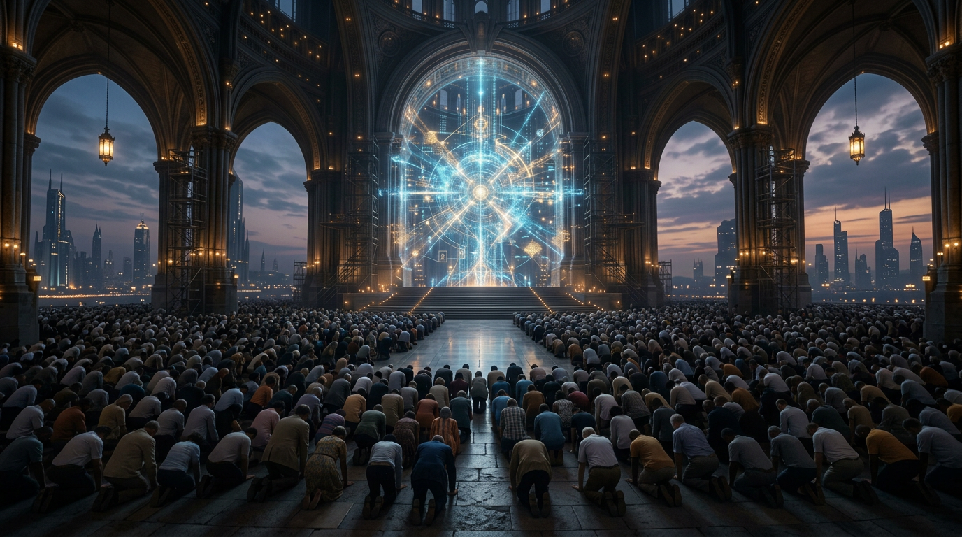 Crowd kneeling before a glowing celestial display inside a grand cathedral